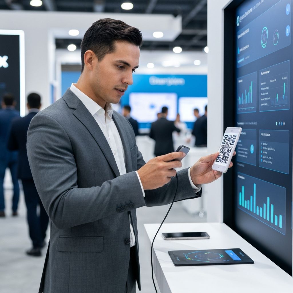 Professional scanning QR code at exhibition